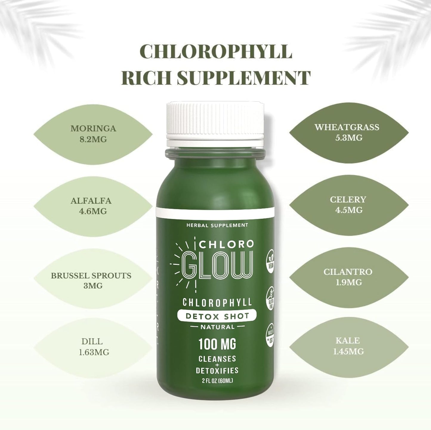 Organic Chloroglow Liquid Chlorophyll Shots - Green Apple Flavor (12 Pack) | Natural Plant-Based Detox Drink for Energy Boost and Immune Support