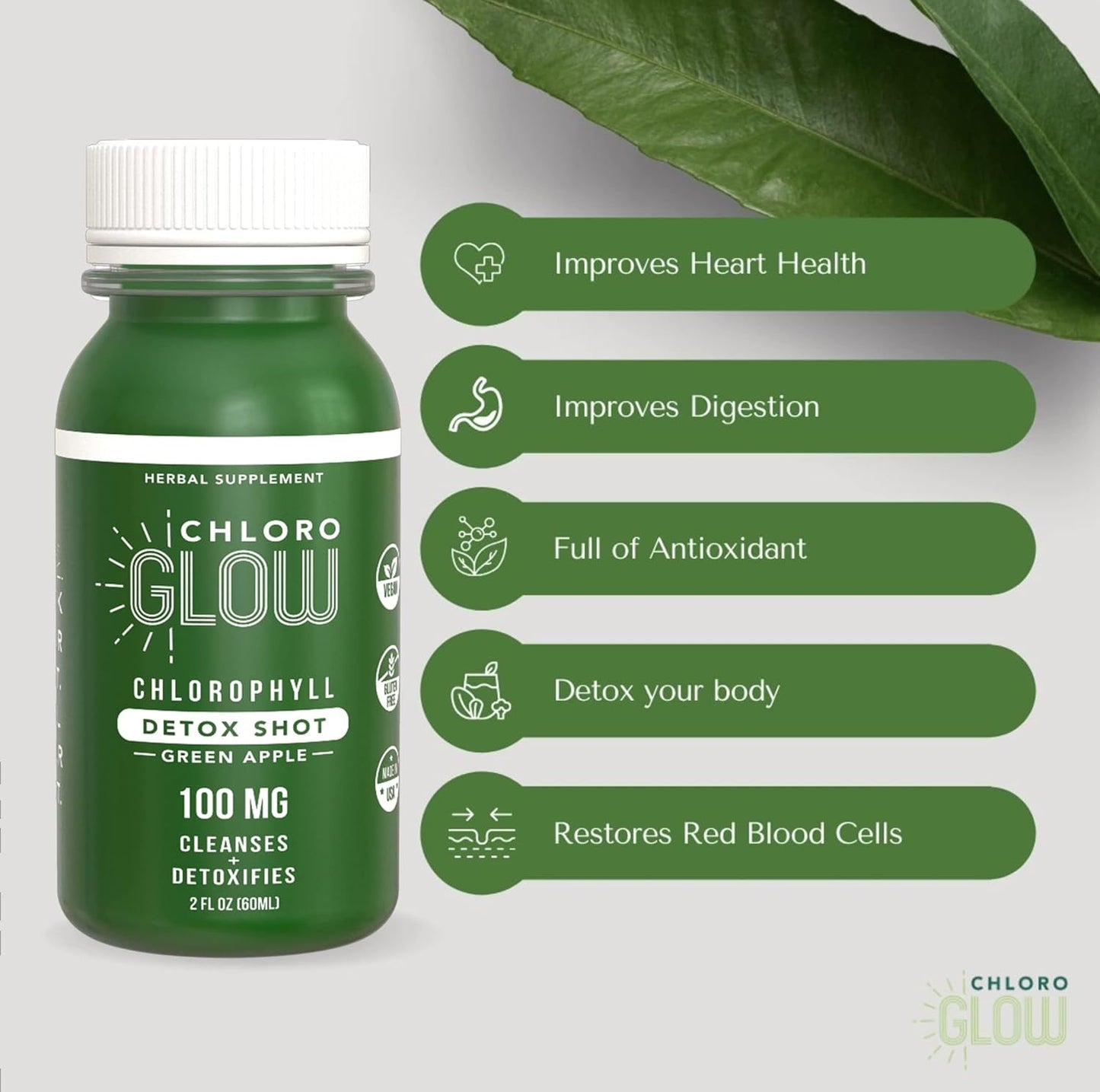 Organic Chloroglow Liquid Chlorophyll Shots for Energy and Immune Support - Green Apple Flavor (4 Pack)