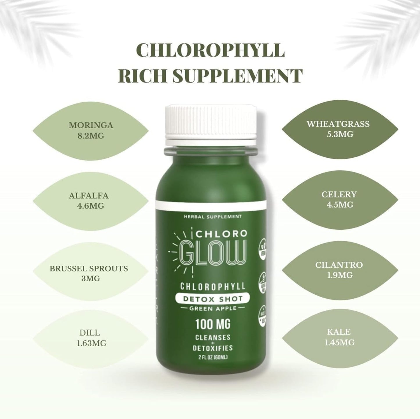 Organic Chloroglow Liquid Chlorophyll Shots for Energy and Immune Support - Green Apple Flavor (4 Pack)