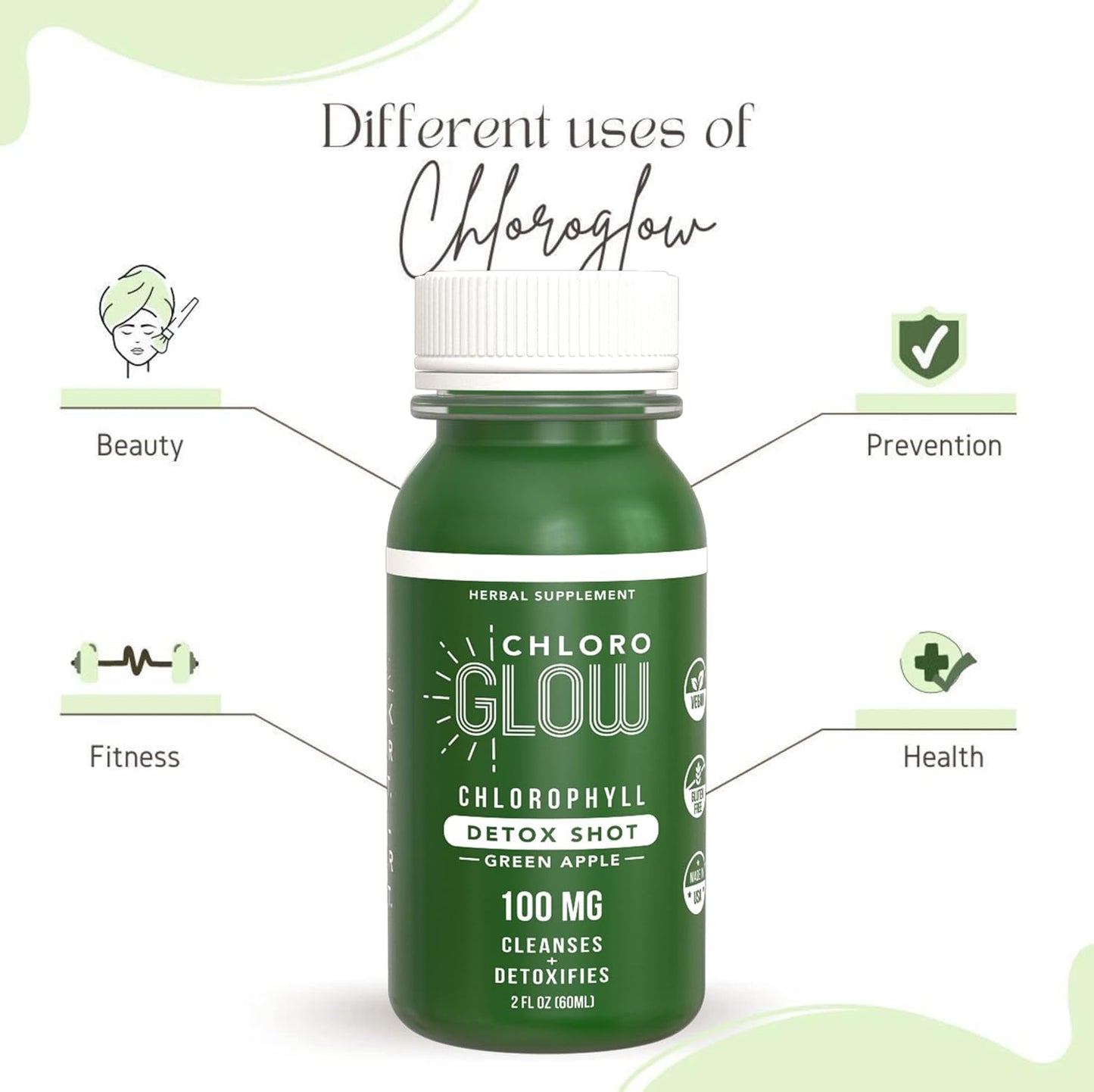 Organic Chloroglow Liquid Chlorophyll Shots for Energy and Immune Support - Green Apple Flavor (4 Pack)