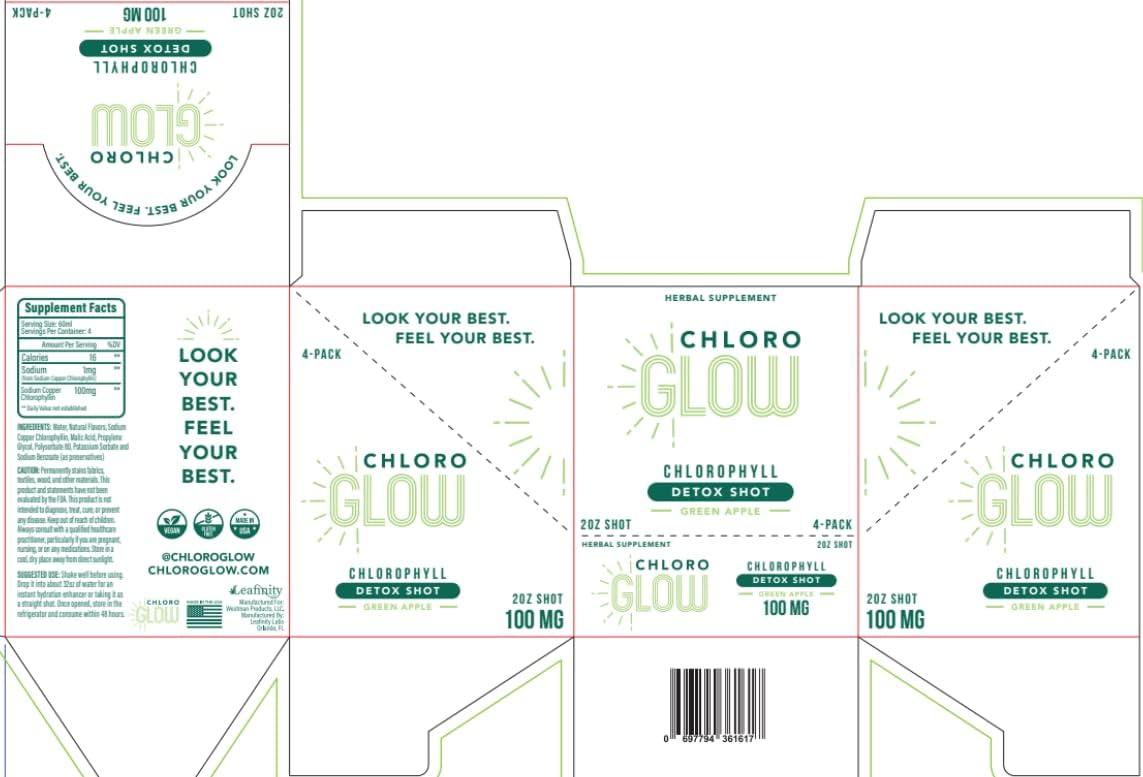 Organic Chloroglow Liquid Chlorophyll Shots for Energy and Immune Support - Green Apple Flavor (4 Pack)