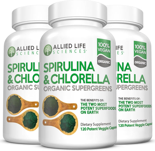 Organic Chlorophyll Vegan Protein Powder Capsules for Natural Immune Support - Allied Life Spirulina and Chlorella (3 Bottle Pack)