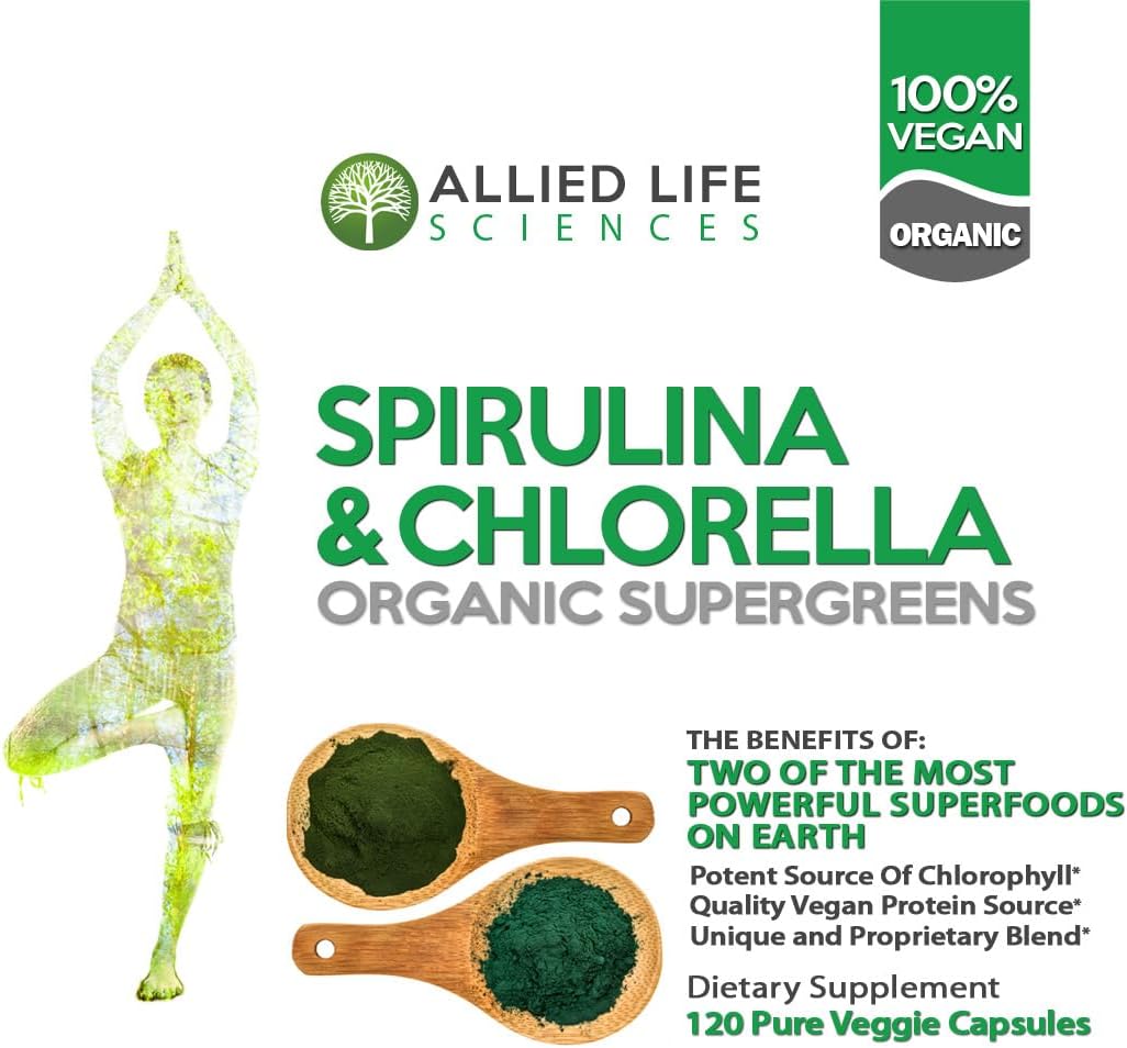 Organic Chlorophyll Vegan Protein Powder Capsules for Natural Immune Support - Allied Life Spirulina and Chlorella (3 Bottle Pack)