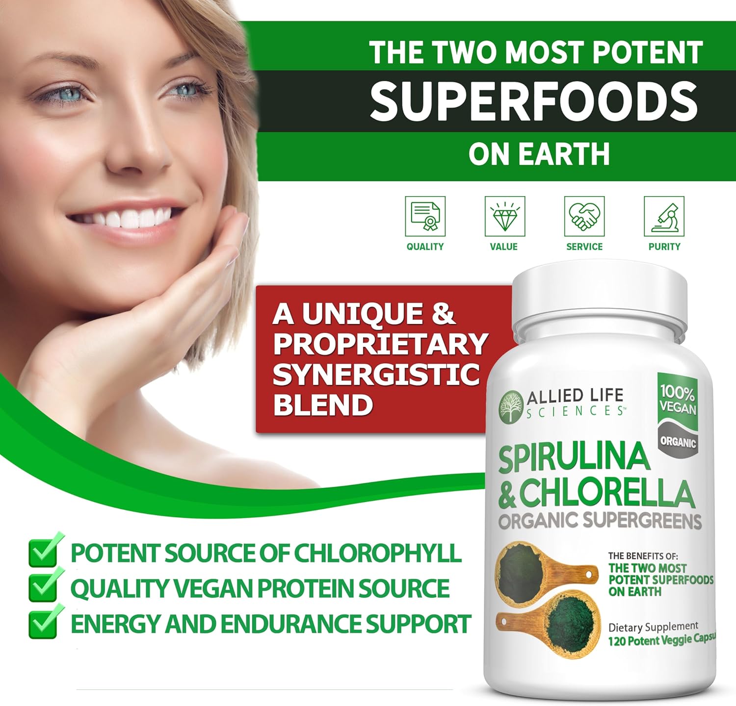 Organic Chlorophyll Vegan Protein Powder Capsules for Natural Immune Support - Allied Life Spirulina and Chlorella (3 Bottle Pack)