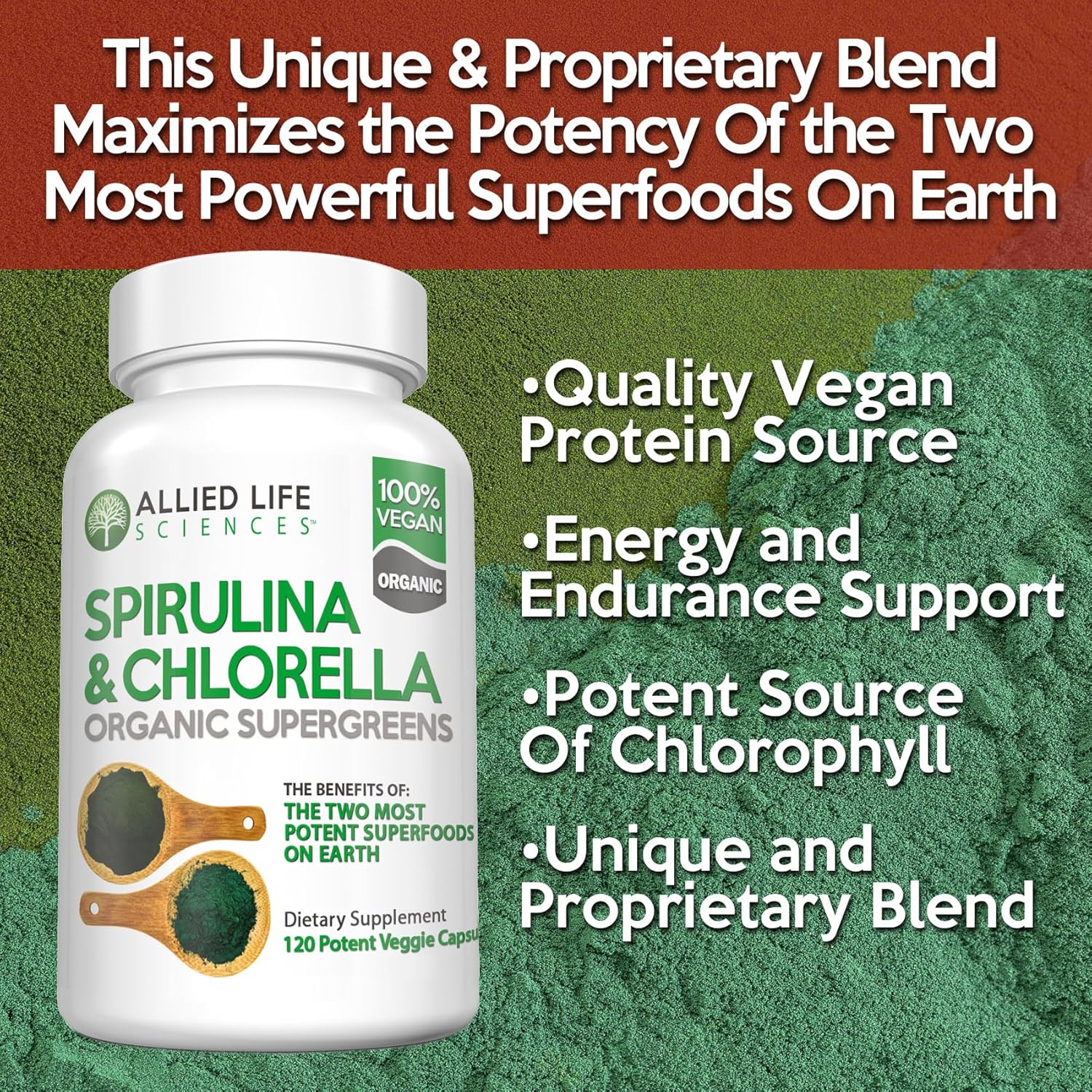 Organic Chlorophyll Vegan Protein Powder Capsules for Natural Immune Support - Allied Life Spirulina and Chlorella (3 Bottle Pack)
