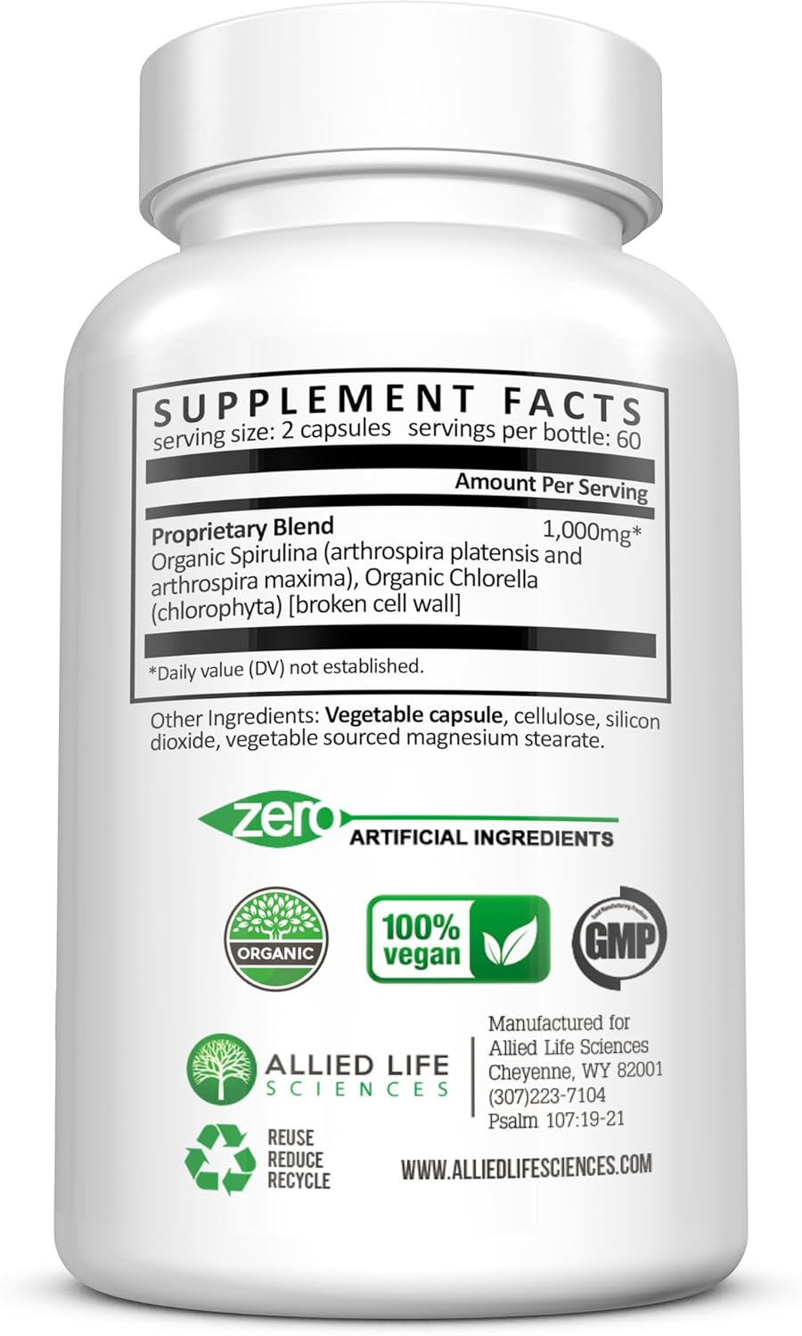 Organic Chlorophyll Vegan Protein Powder Capsules for Natural Immune Support - Allied Life Spirulina and Chlorella (3 Bottle Pack)