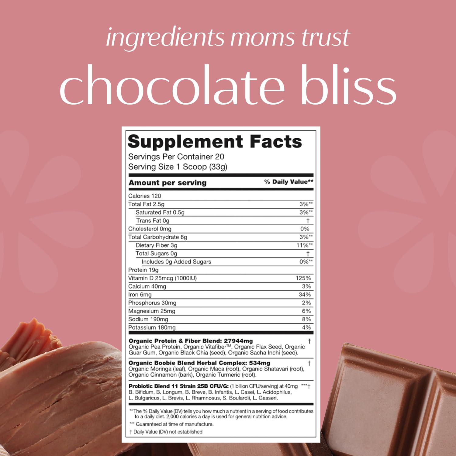 Organic Chocolate Bliss Superfood Protein Shake for Moms, Pregnancy & Lactation Support - Dairy-Free, Gluten-Free, Vegan with Probiotics (20 Servings)