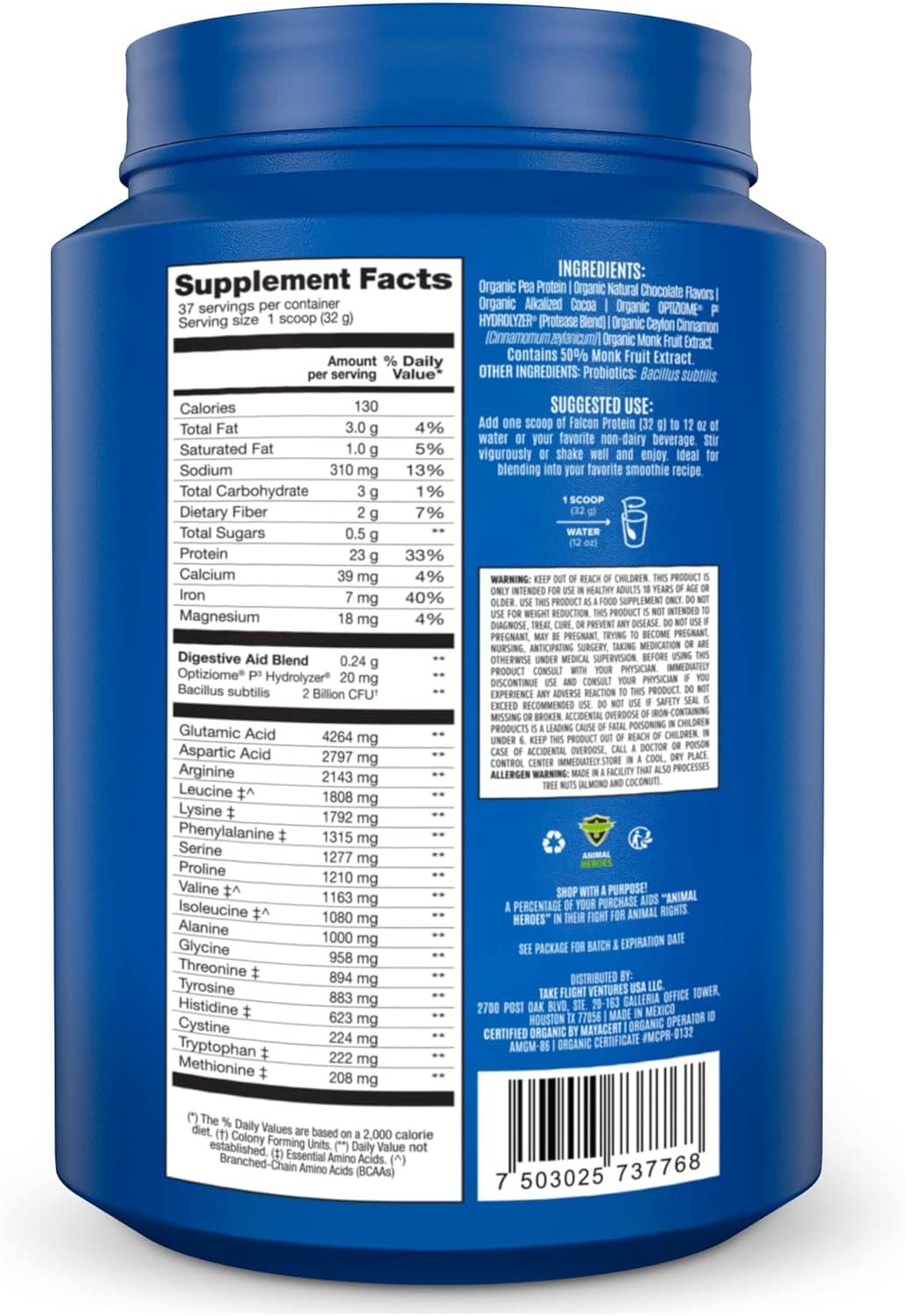 Organic Chocolate Falcon Vegan Protein Powder with Probiotics - Plant Based, Low Carb, Dairy Free, Keto Friendly - 40 Servings, 2.64lb