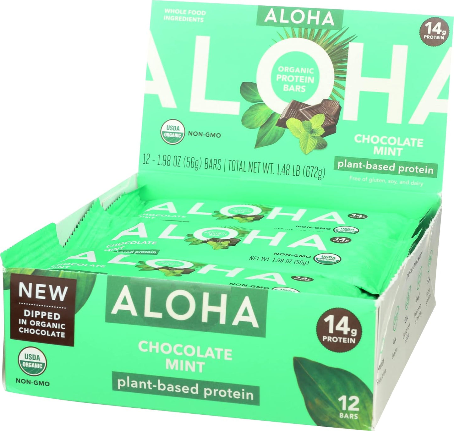 Organic Chocolate Mint Protein Bars - 14g Plant-Based Protein, USDA Certified, Gluten Free & Non-GMO - 56g (12 Pack)