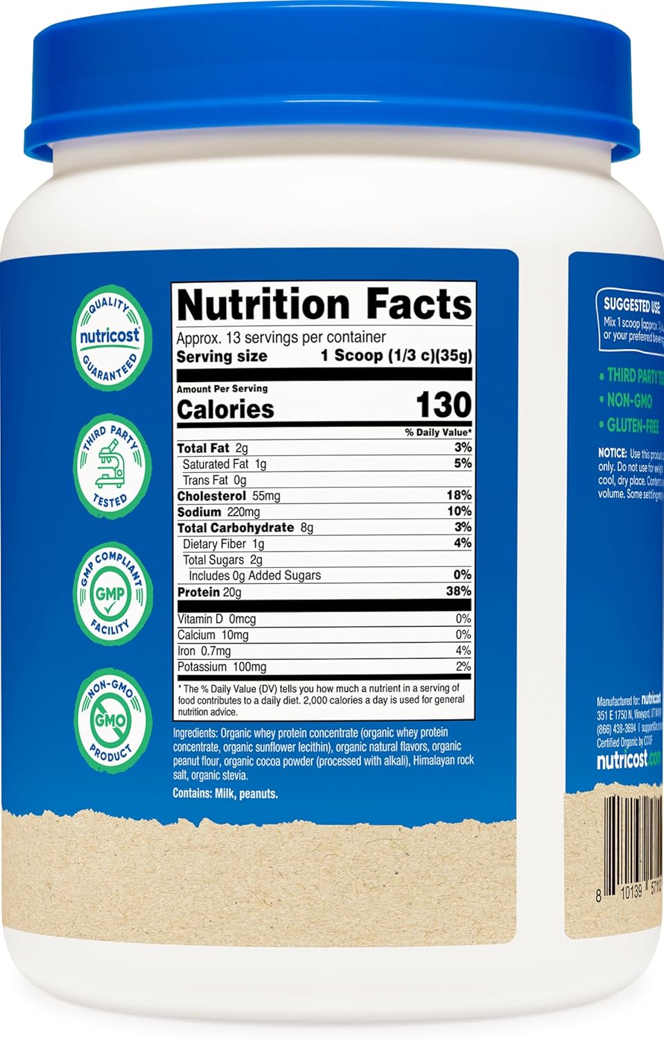 Organic Chocolate Peanut Butter Flavored Whey Protein Concentrate (1LB) - Gluten-Free, Non-GMO by Nutricost