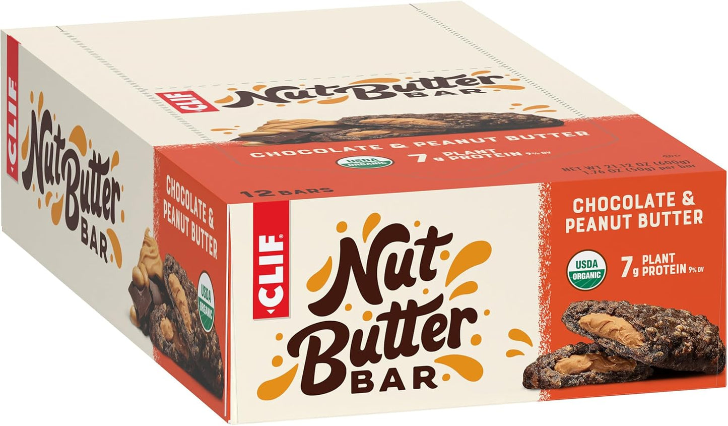 Organic Chocolate Peanut Butter Nut Butter Bars - Non-GMO Energy Bars - Plant-Based Snack - Low Glycemic (12 Pack)