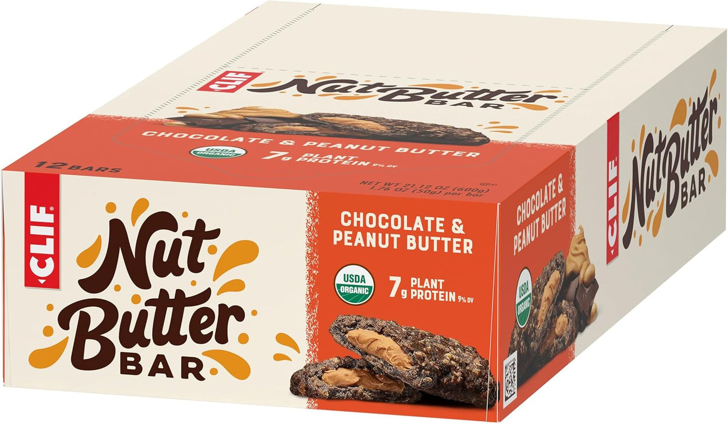 Organic Chocolate Peanut Butter Nut Butter Bars - Non-GMO Energy Bars - Plant-Based Snack - Low Glycemic (12 Pack)
