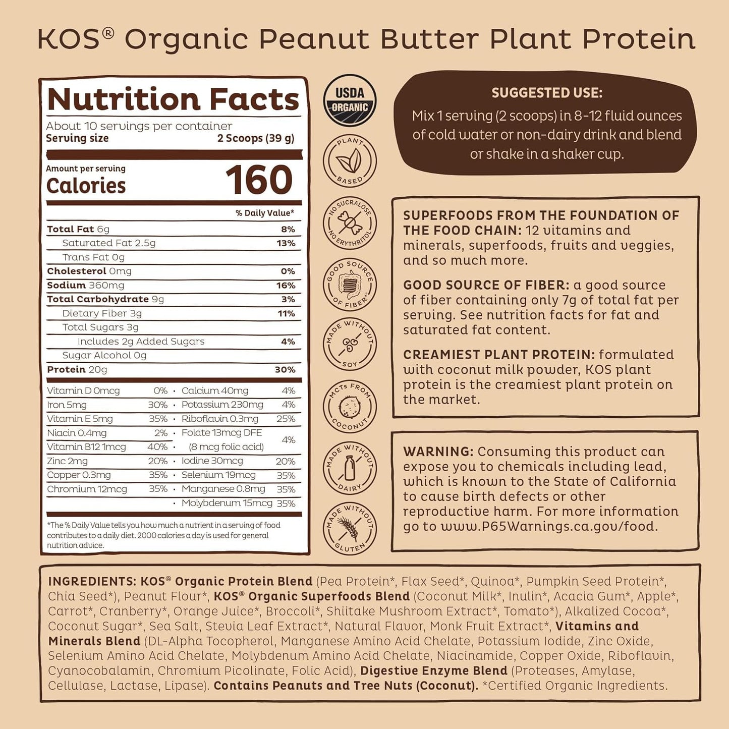 Organic Chocolate Peanut Butter Vegan Protein Powder - Low Carb Pea Blend with Vitamins & Minerals - Keto, Dairy & Soy Free - 10 Servings