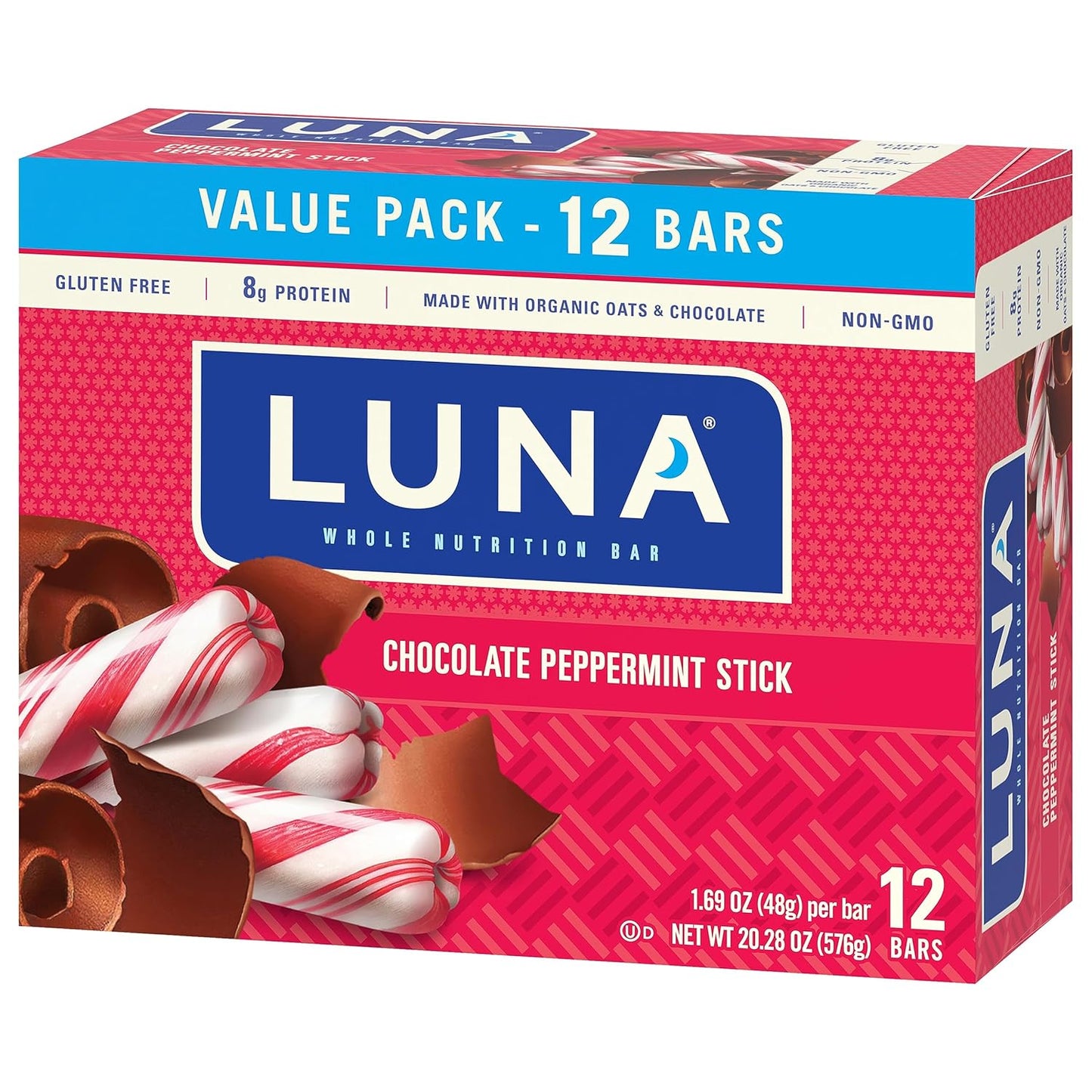 Organic Chocolate Peppermint Stick LUNA Bar Snack Bars - Non-GMO Gluten-Free Protein (12 Pack)