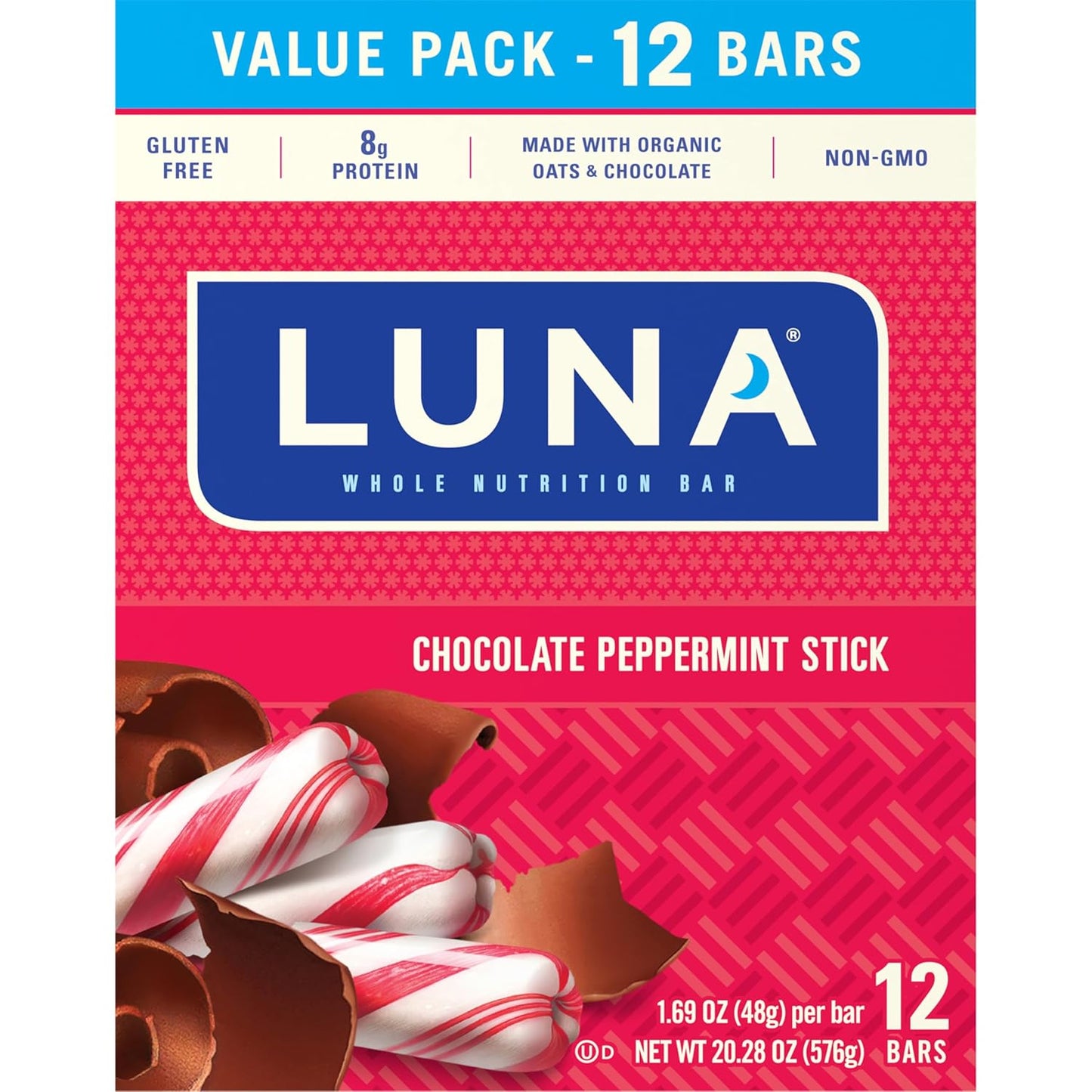 Organic Chocolate Peppermint Stick LUNA Bar Snack Bars - Non-GMO Gluten-Free Protein (12 Pack)