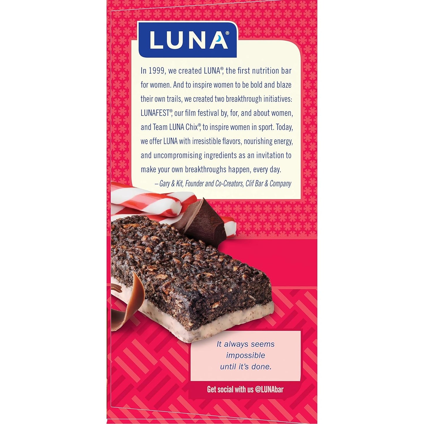 Organic Chocolate Peppermint Stick LUNA Bar Snack Bars - Non-GMO Gluten-Free Protein (12 Pack)