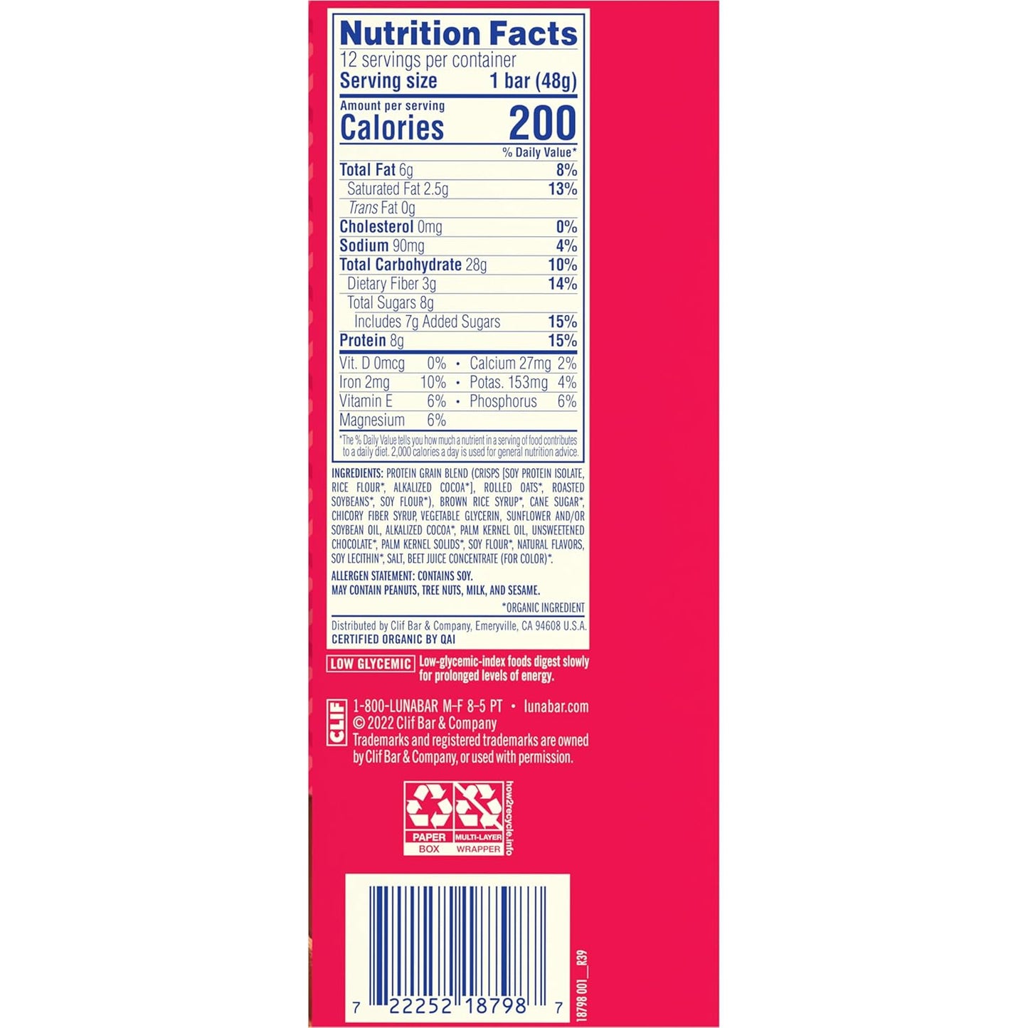 Organic Chocolate Peppermint Stick LUNA Bar Snack Bars - Non-GMO Gluten-Free Protein (12 Pack)