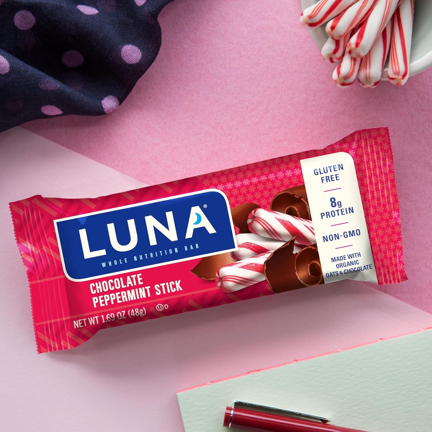 Organic Chocolate Peppermint Stick LUNA Bar Snack Bars - Non-GMO Gluten-Free Protein (12 Pack)