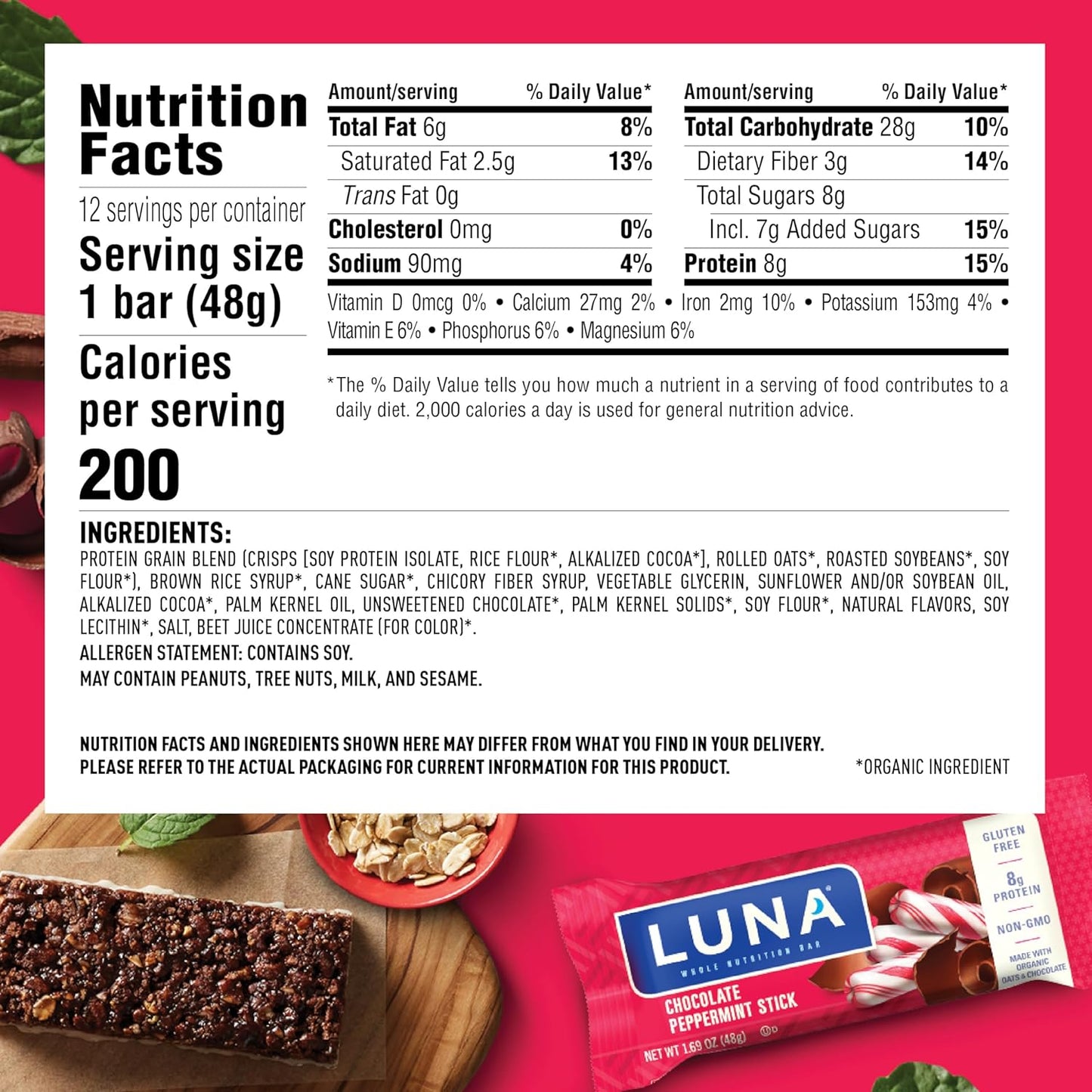 Organic Chocolate Peppermint Stick LUNA Bar Snack Bars - Non-GMO Gluten-Free Protein (12 Pack)