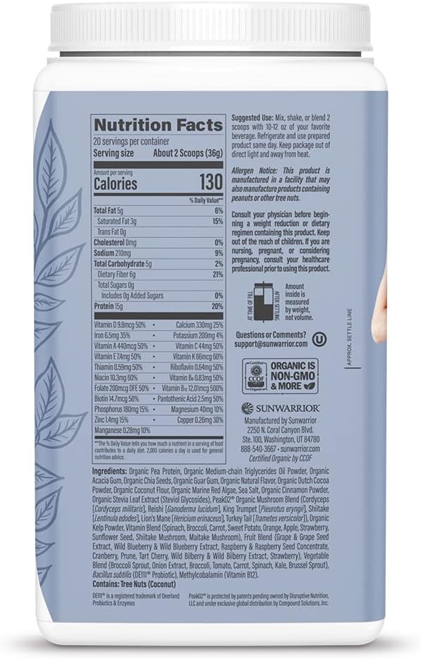 Organic Chocolate Sunwarrior Vegan Protein Shake Meal Replacement - Gluten Free, Non-GMO, Dairy Free, Low Carb Plant Based Protein Supplement - 20 Servings for Lean Shape