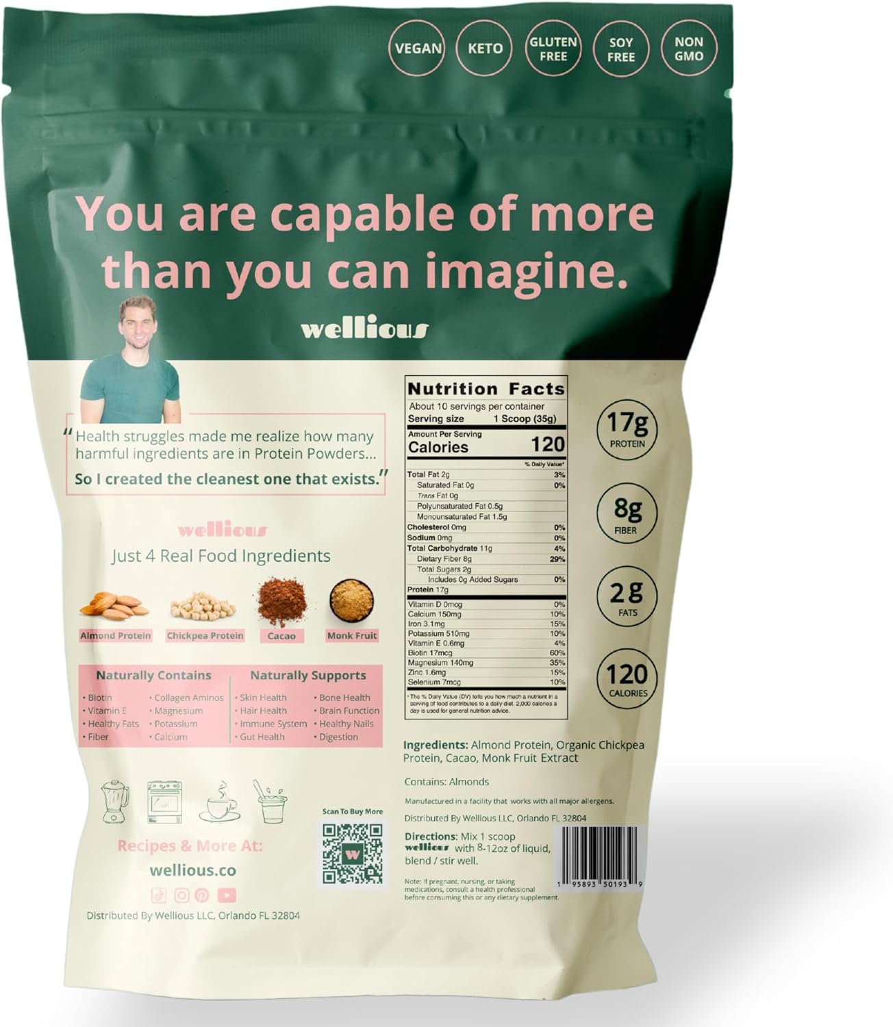 Organic Chocolate Vegan Protein Powder - Dairy Free, High Fiber, Keto Friendly, Non-Dairy Supplement for Gut Health