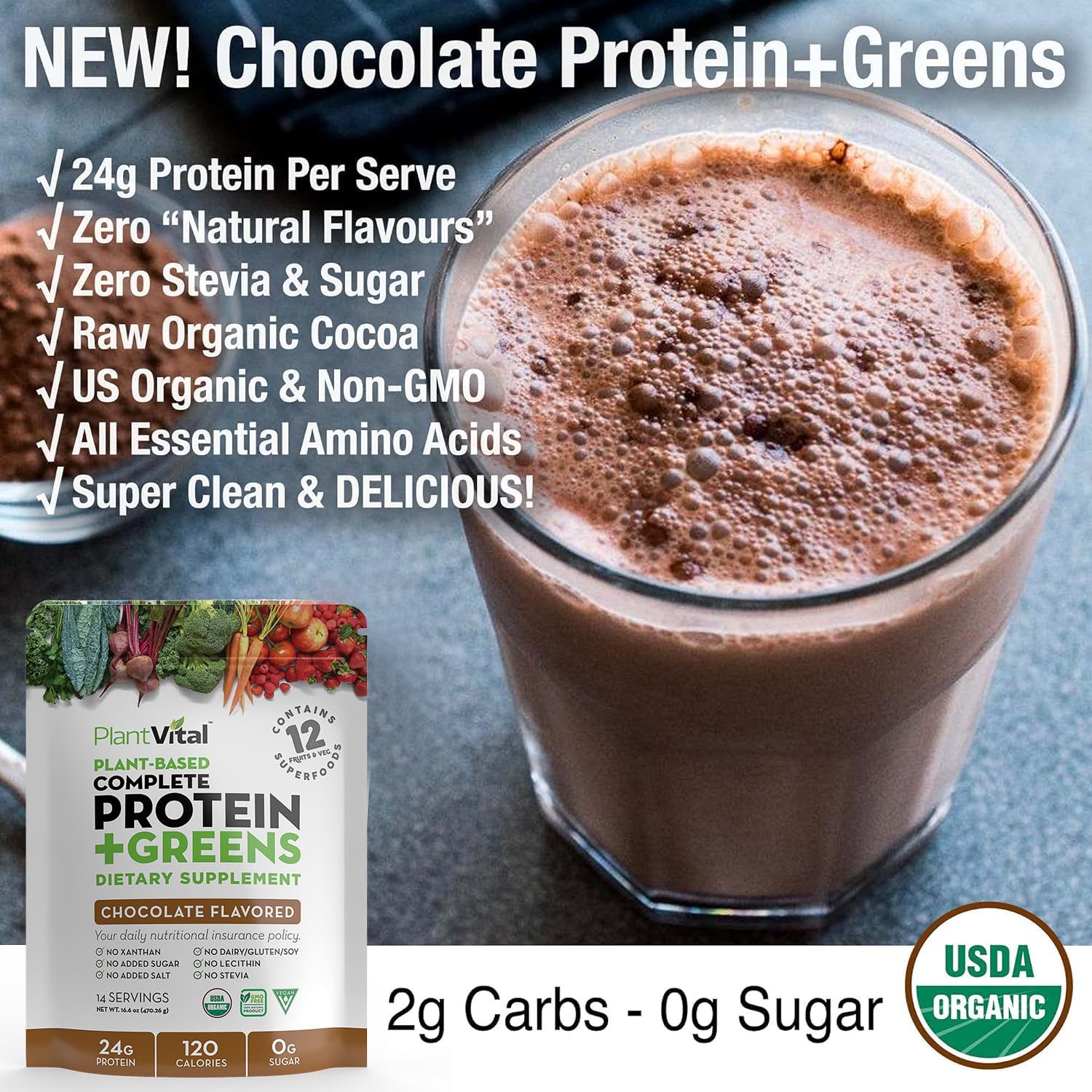 Organic Chocolate Vegan Protein Powder with Superfoods, Veggies, and Probiotics - 24g Protein, 0g Sugar, Keto-Friendly - 32oz
