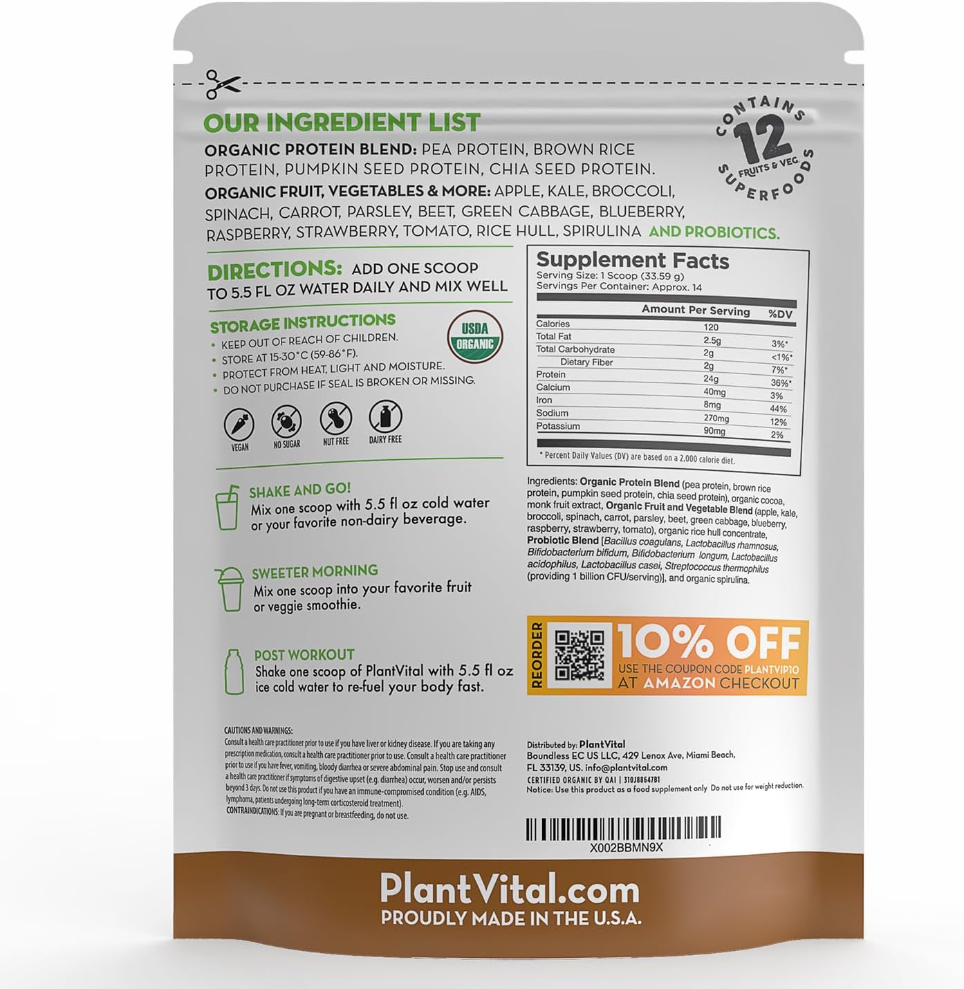 Organic Chocolate Vegan Protein Powder with Superfoods, Veggies, and Probiotics - 24g Protein, 0g Sugar, Keto-Friendly - 32oz