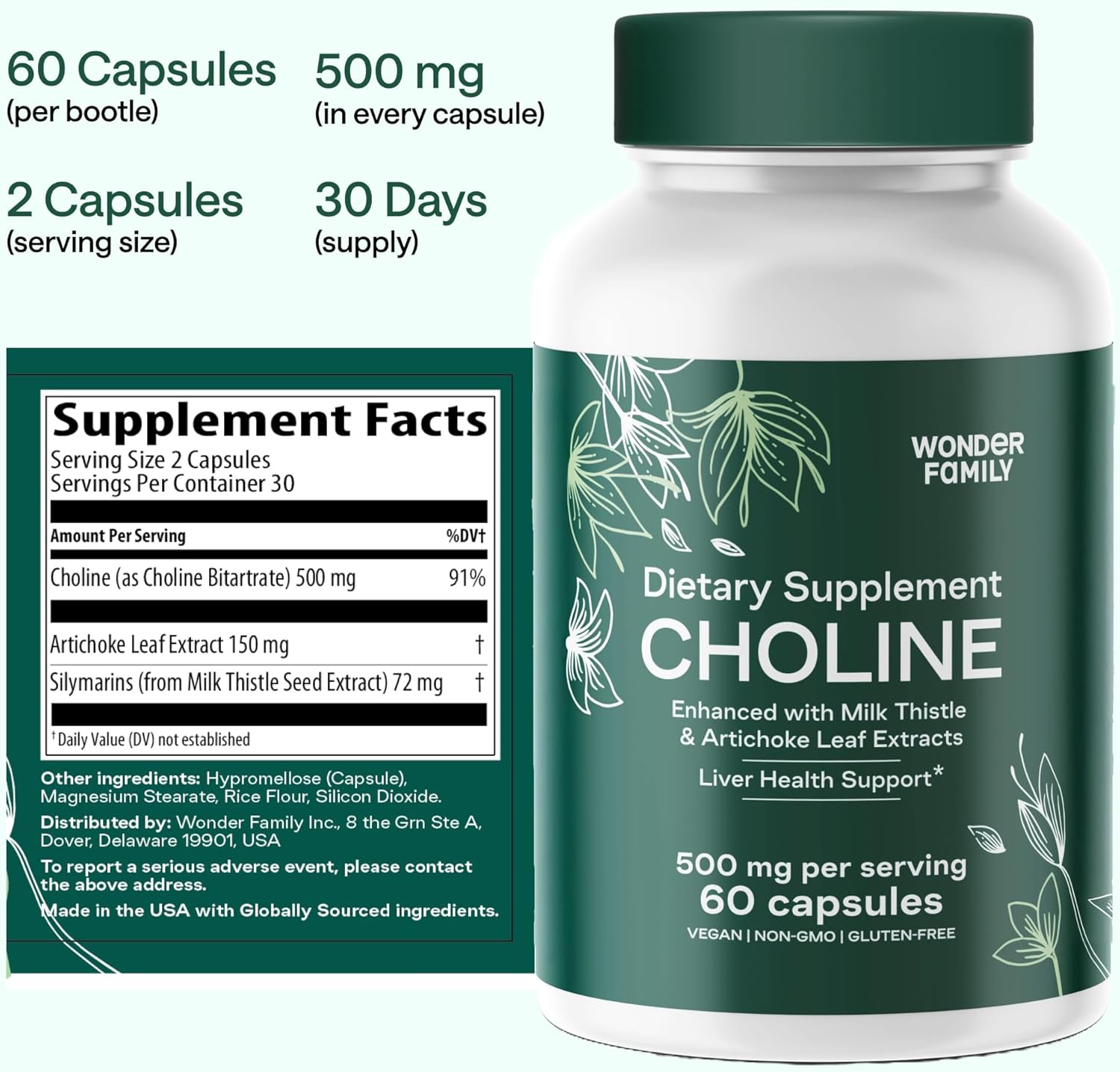 Organic Choline Bitartrate 500MG Capsules for Prenatal Health and Brain Function - Liver and Gallbladder Support Supplement - Memory and Focus Booster - 60 Count
