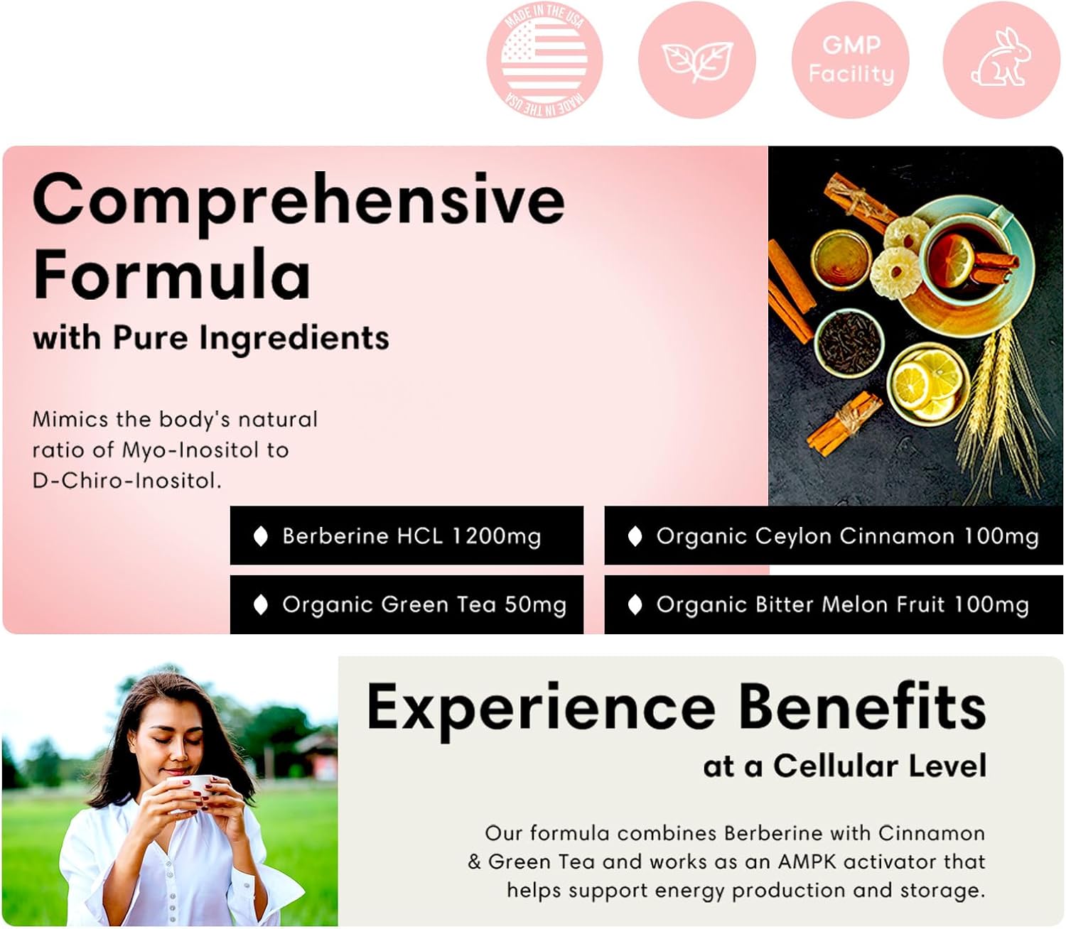 Organic Cinnamon Berberine HCL Capsules with Bitter Melon & Green Tea Extract - Heart, Digestive, and Immune Support - Non-GMO & Vegan - 120 Capsules