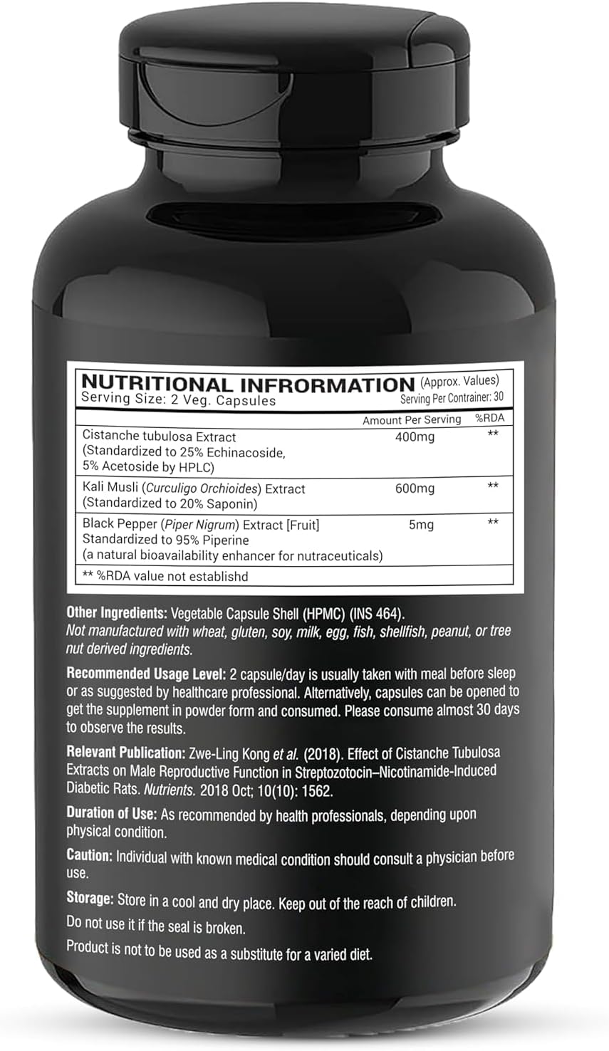 Organic Cistanche Tubulosa with Kali Musli Extract 1000mg - 60 Veg Capsules - 3rd Party Tested for Strength and Vitality
