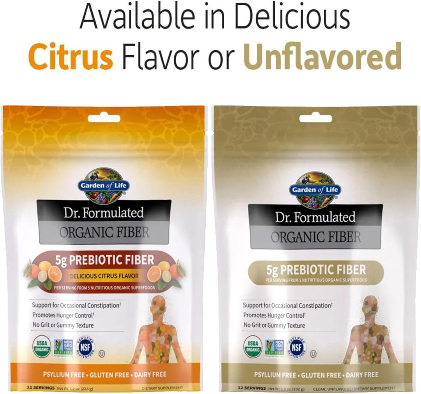 Organic Citrus Fiber Supplement Powder for Men and Women - Sugar Free, Psyllium Free, Prebiotic Superfoods, Constipation Relief - 32 Servings