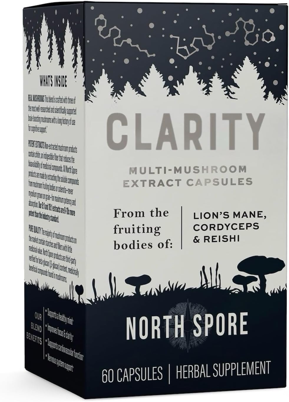 Organic Clarity Mushroom Capsules - Lions Mane, Reishi, Cordyceps Blend | Boost Focus, Memory, Vitality | High Potency Cognitive Function Supplement - 60ct