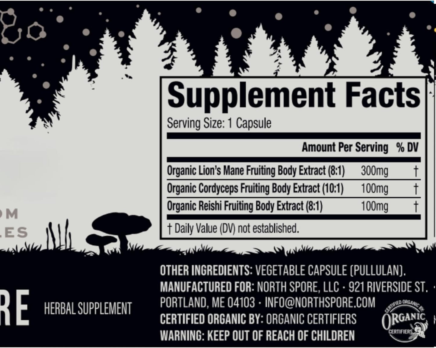 Organic Clarity Mushroom Capsules - Lions Mane, Reishi, Cordyceps Blend | Boost Focus, Memory, Vitality | High Potency Cognitive Function Supplement - 60ct