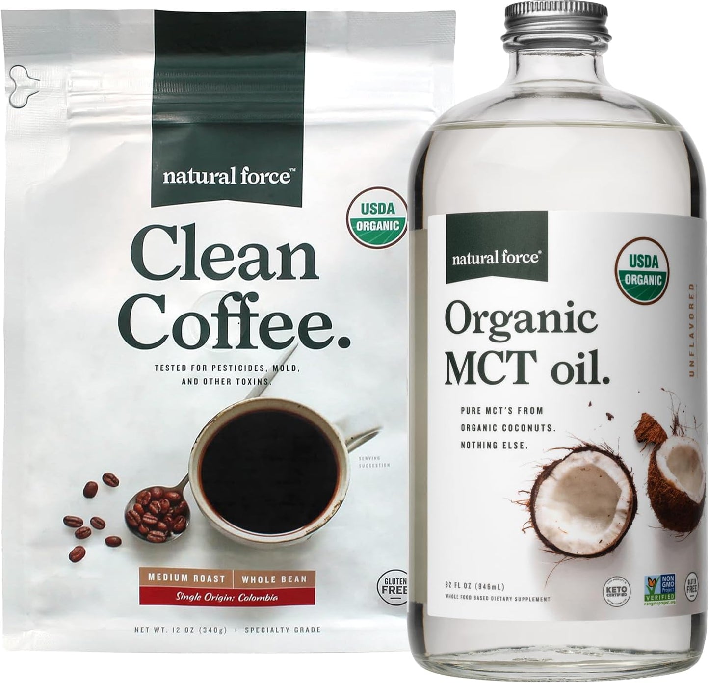 Organic Clean Coffee and MCT Oil Bundle - Pure Coconut MCTs, Mold-Free Coffee - Non-GMO, Keto, Paleo, Vegan - 12 Oz Bag, 32 Oz Bottle