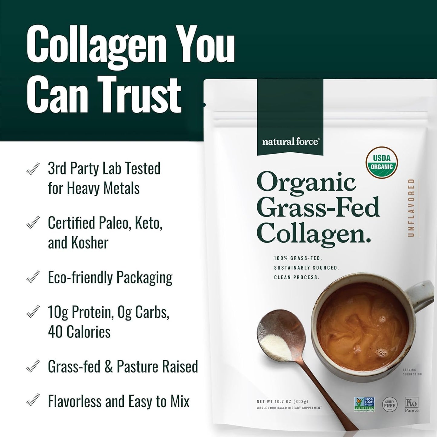 Organic Clean Collagen Peptides Powder - USDA Certified, Non-GMO, Keto & Paleo - Hydrolyzed Type I & III Protein Powder - Essential Amino Acids - Unflavored, 10.7oz