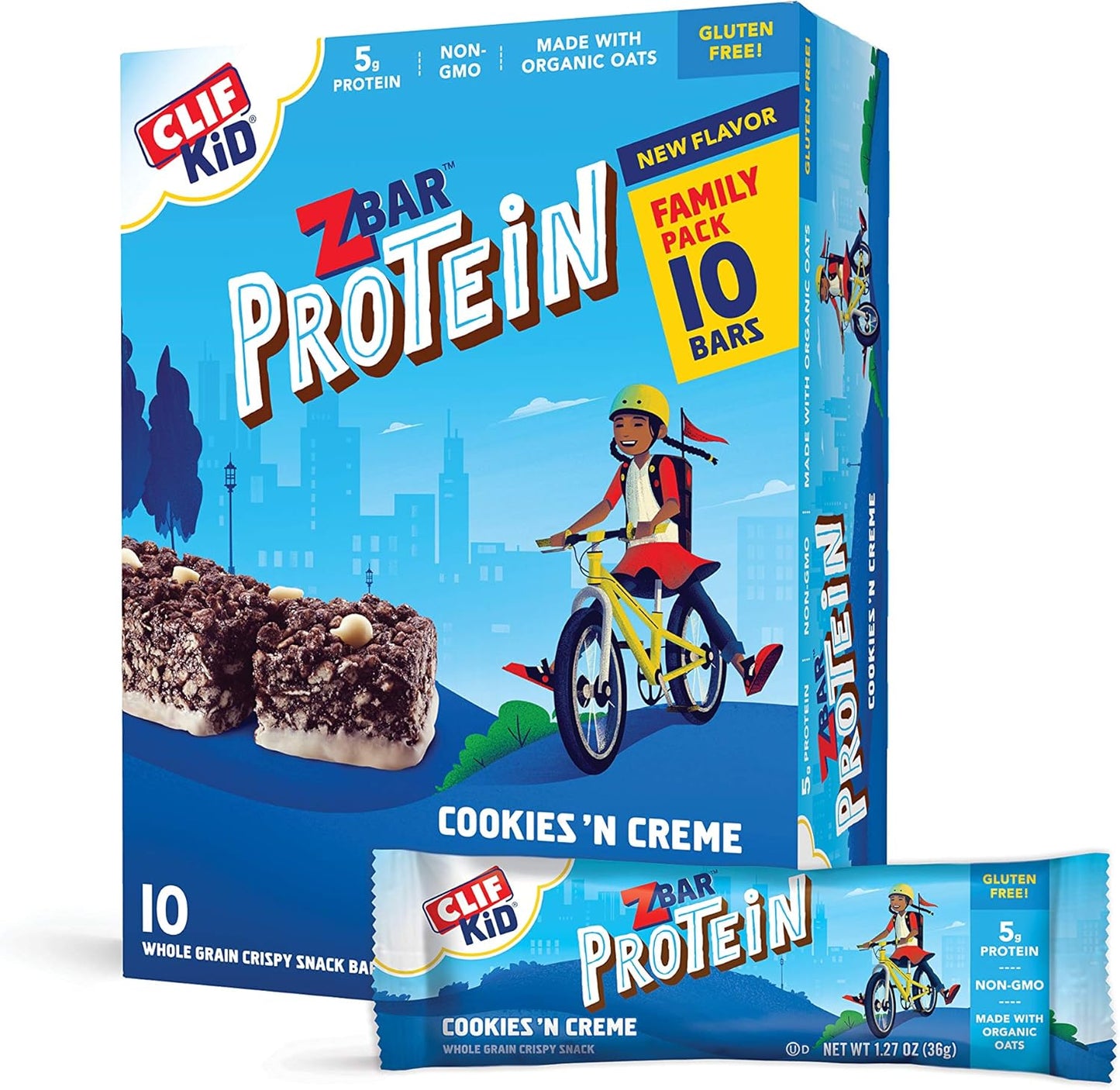 Organic CLIF KID ZBAR Protein Granola Bars, Cookies and Creme Flavor, Non-GMO, Lunch Box Snacks - 10 Count of 1.27 Ounce Energy Bars