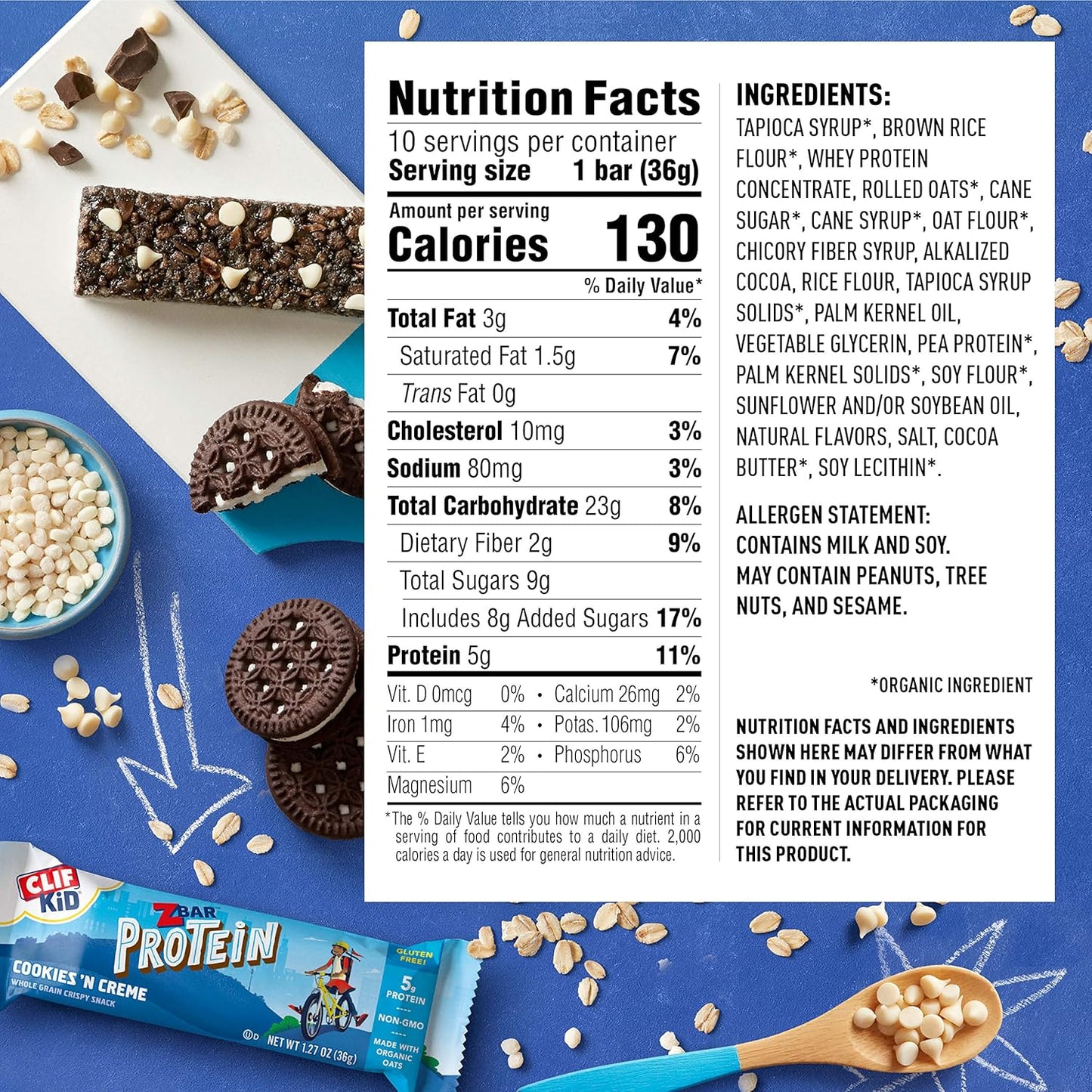 Organic CLIF KID ZBAR Protein Granola Bars, Cookies and Creme Flavor, Non-GMO, Lunch Box Snacks - 10 Count of 1.27 Ounce Energy Bars