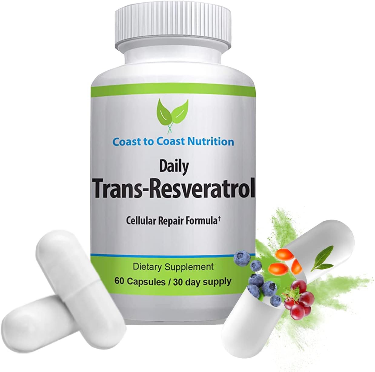 Organic Coast to Coast Trans-Resveratrol Capsules - Vegan Polyphenol Supplement for Anti Aging - 60 Caps, 600mg, 30 Day Supply