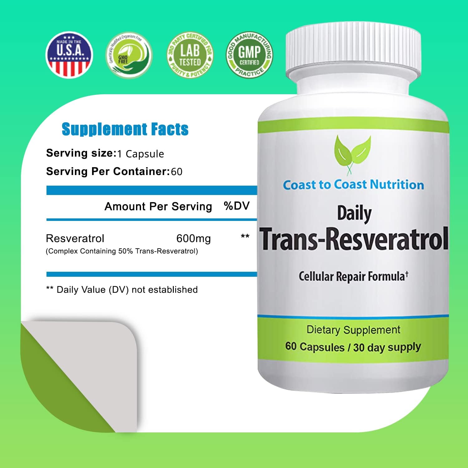 Organic Coast to Coast Trans-Resveratrol Capsules - Vegan Polyphenol Supplement for Anti Aging - 60 Caps, 600mg, 30 Day Supply