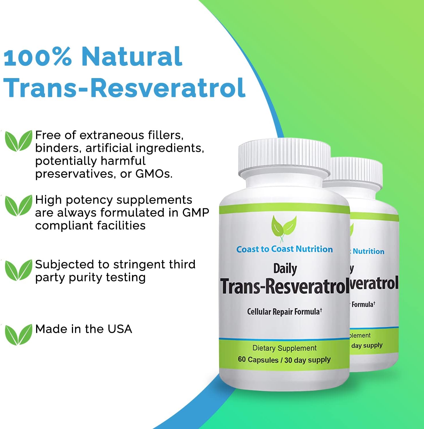 Organic Coast to Coast Trans-Resveratrol Capsules - Vegan Polyphenol Supplement for Anti Aging - 60 Caps, 600mg, 30 Day Supply