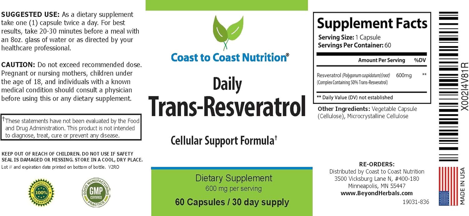 Organic Coast to Coast Trans-Resveratrol Capsules - Vegan Polyphenol Supplement for Anti Aging - 60 Caps, 600mg, 30 Day Supply