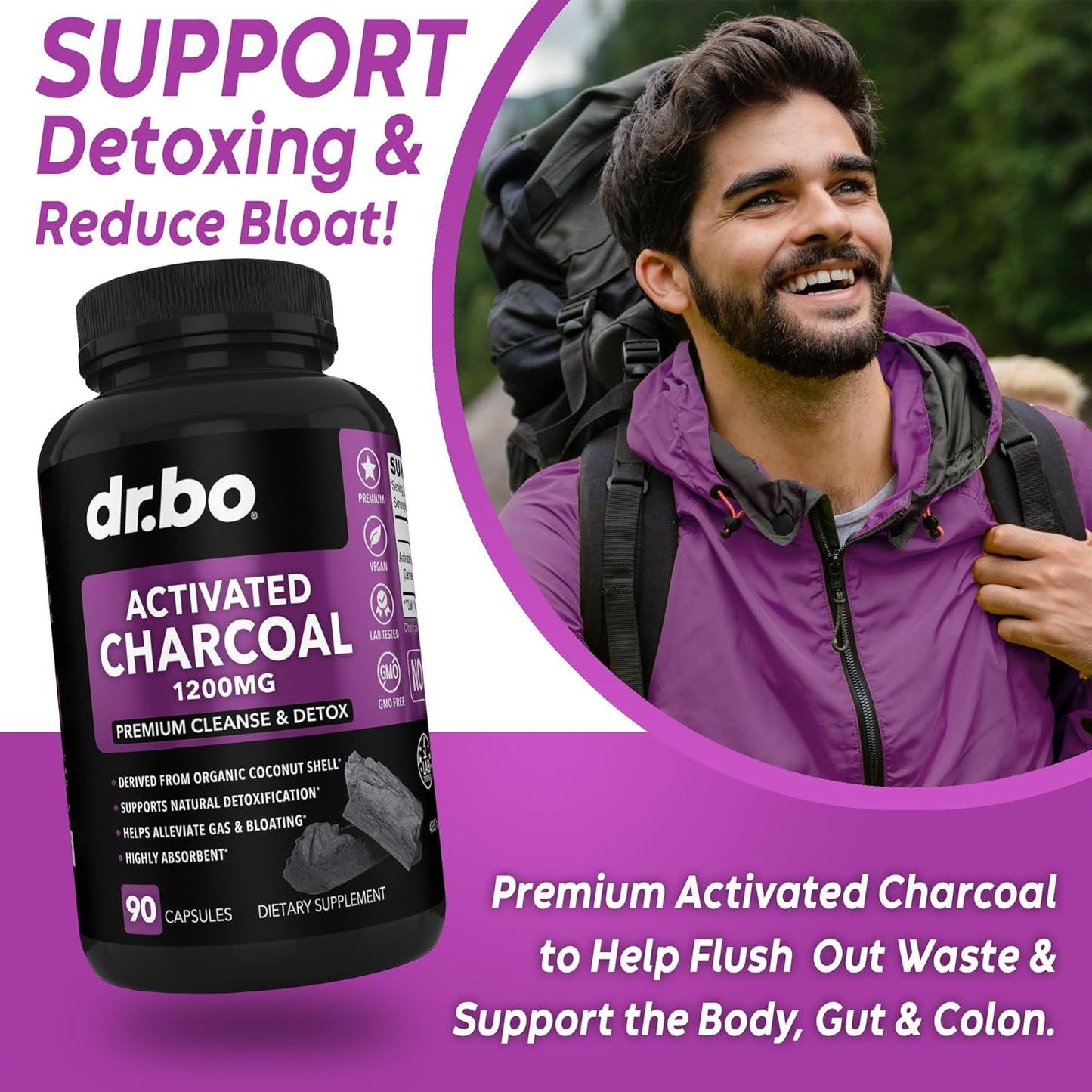Organic Coconut Charcoal Capsules for Colon Cleanse & Detox - Dr. BO Activated Charcoal Pills for Gas & Bloating Relief - Natural Intestinal Cleanse Supplement for Bowel Health in Men, Women, and Kids