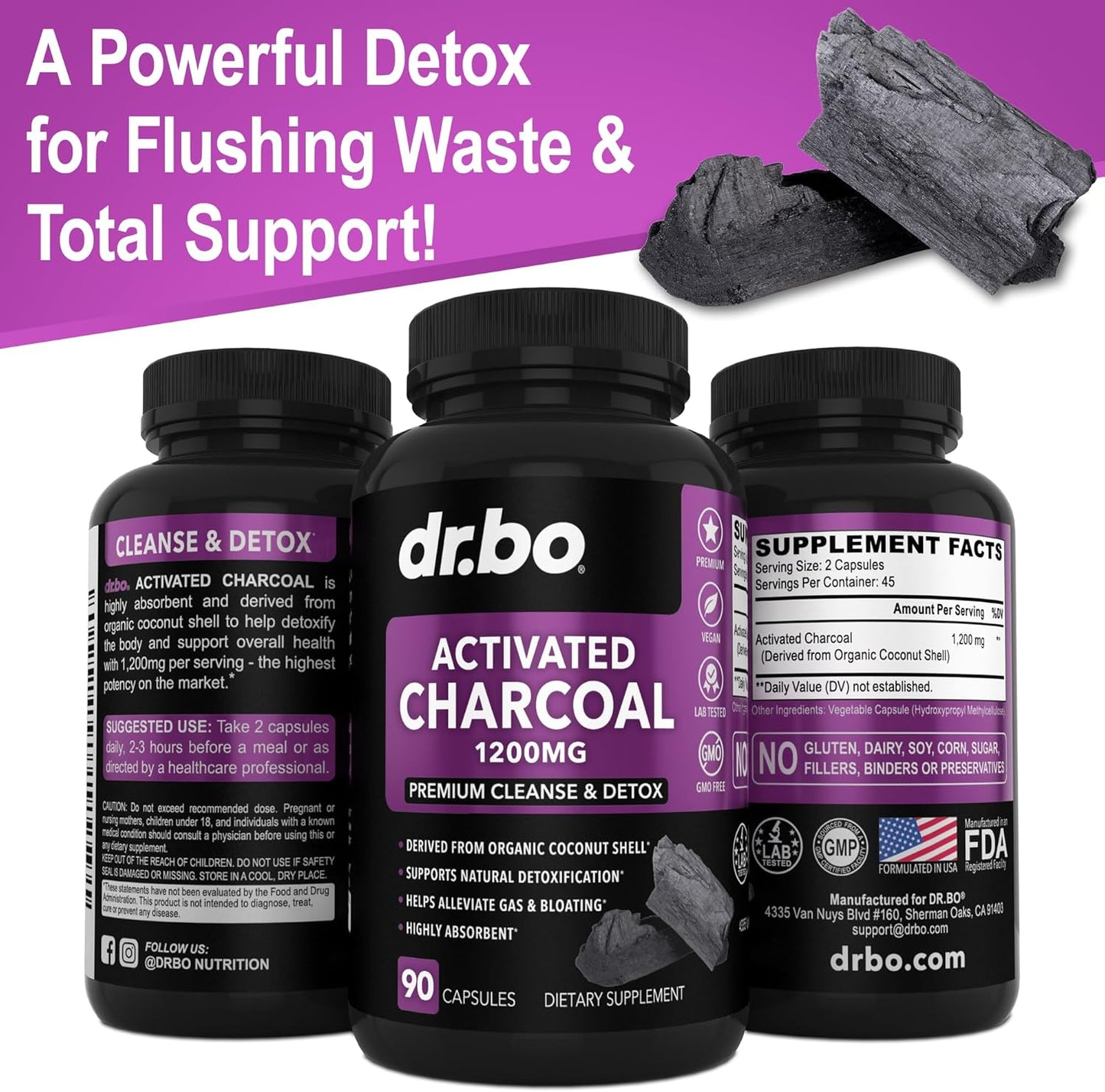 Organic Coconut Charcoal Capsules for Colon Cleanse & Detox - Dr. BO Activated Charcoal Pills for Gas & Bloating Relief - Natural Intestinal Cleanse Supplement for Bowel Health in Men, Women, and Kids