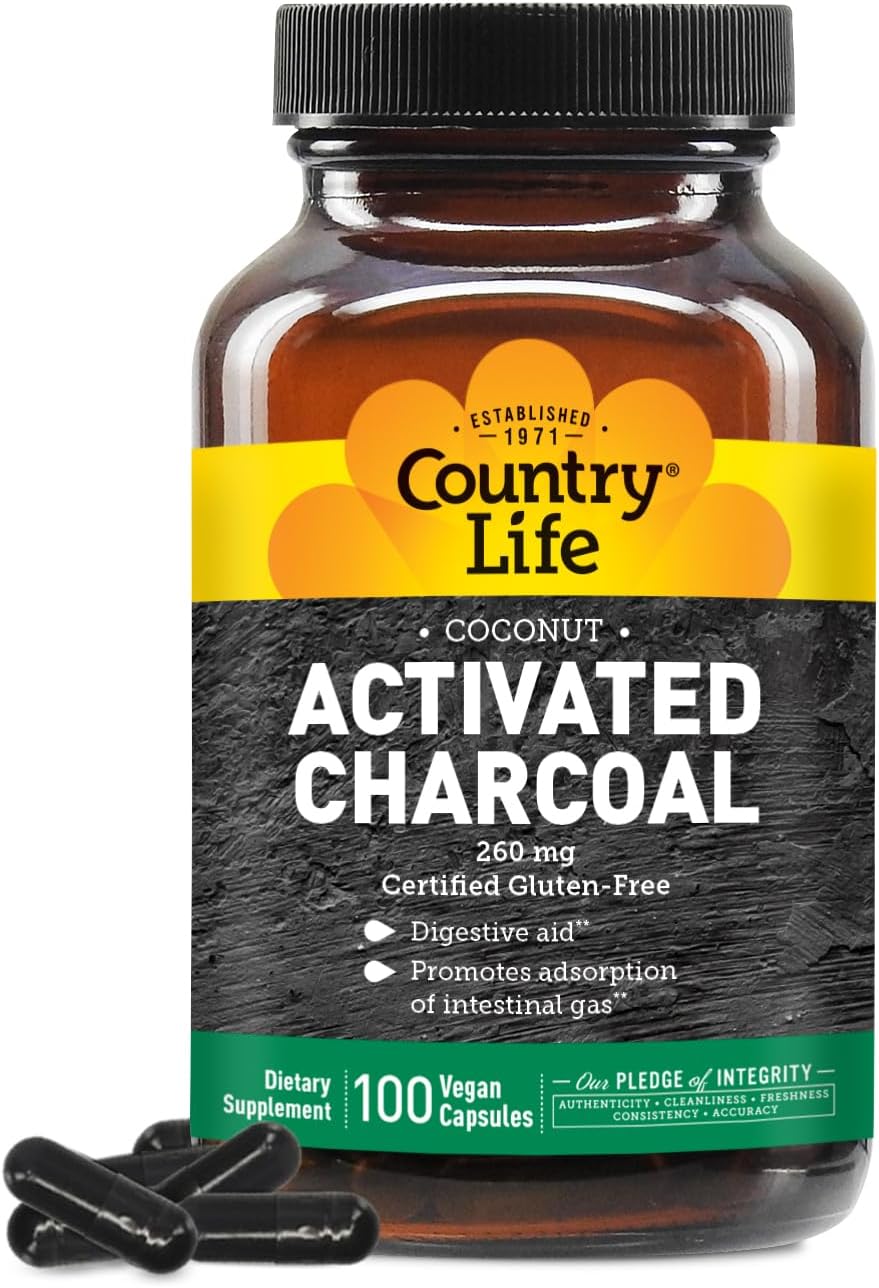 Organic Coconut Charcoal Capsules for Gas and Bloating Relief - Gluten-Free, Non-GMO Vegan Supplement - 260mg Charcoal Tablets