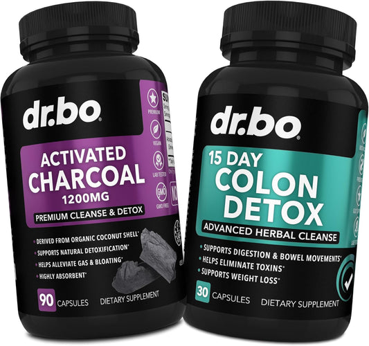 Organic Coconut Charcoal & Colon Cleanse Pills for Gas Relief & Regularity - Dr. BO Activated Charcoal Detox Supplement for Bloating & Gut Health