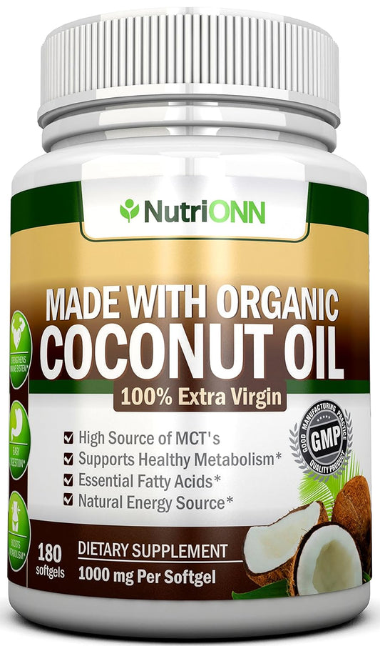 Organic Coconut Oil Capsules - 180 Softgels, 4000 MG Daily, Cold-Pressed Extra Virgin - USDA Certified - Hair, Skin, Acne