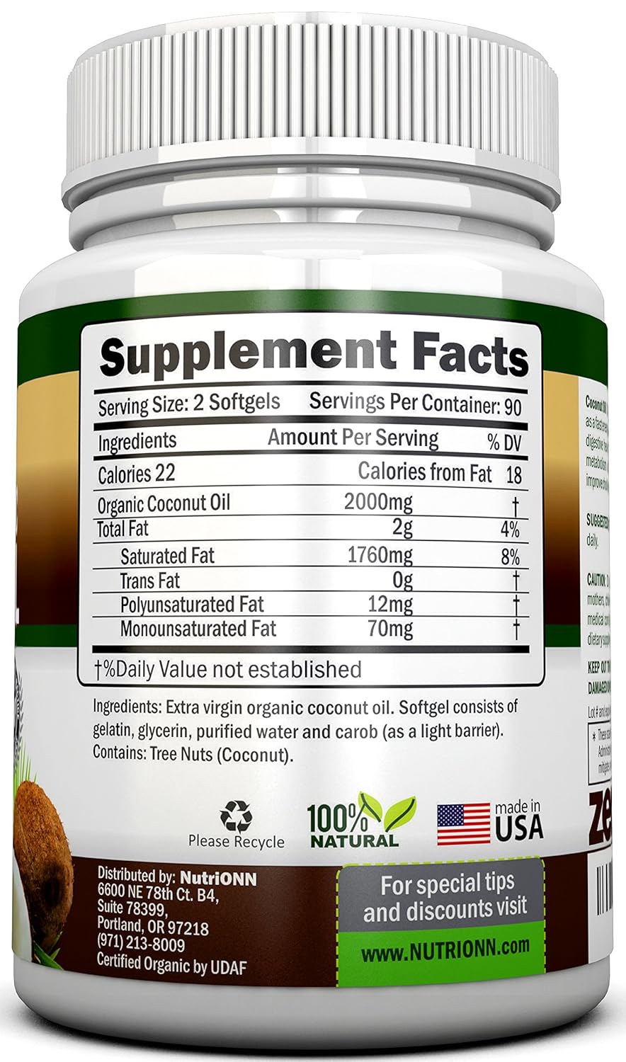 Organic Coconut Oil Capsules - 180 Softgels, 4000 MG Daily, Cold-Pressed Extra Virgin - USDA Certified - Hair, Skin, Acne