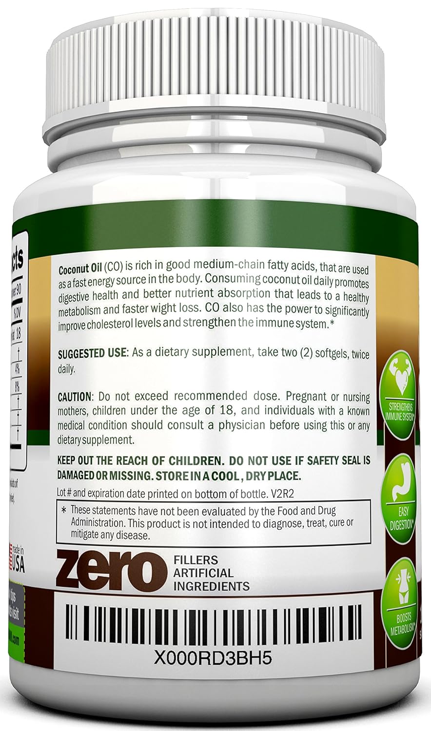 Organic Coconut Oil Capsules - 180 Softgels, 4000 MG Daily, Cold-Pressed Extra Virgin - USDA Certified - Hair, Skin, Acne