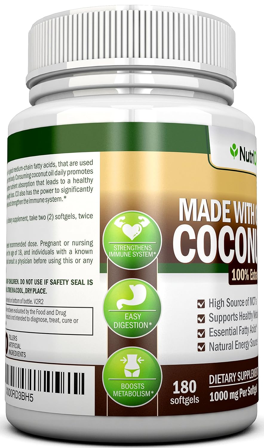 Organic Coconut Oil Capsules - 180 Softgels, 4000 MG Daily, Cold-Pressed Extra Virgin - USDA Certified - Hair, Skin, Acne