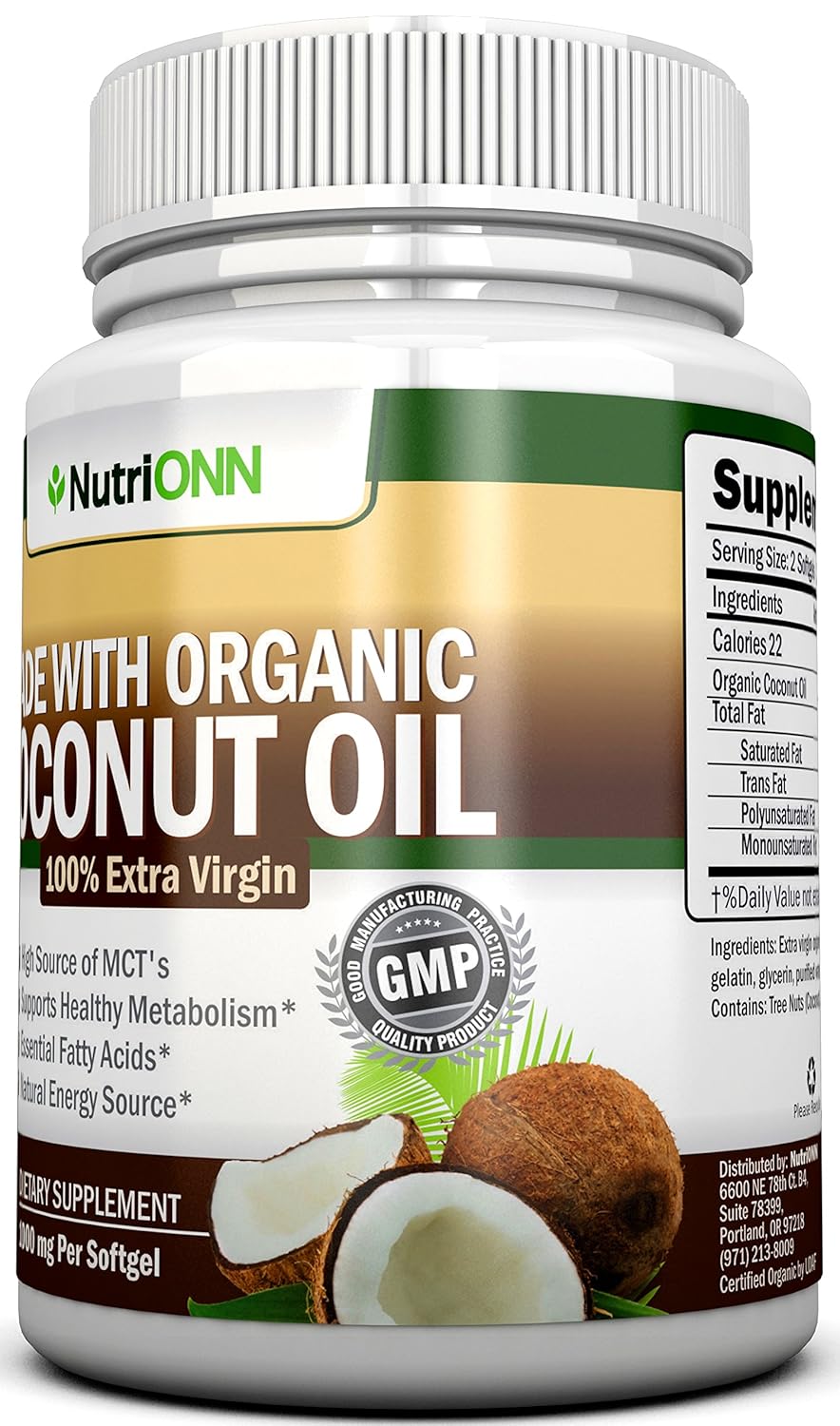 Organic Coconut Oil Capsules - 180 Softgels, 4000 MG Daily, Cold-Pressed Extra Virgin - USDA Certified - Hair, Skin, Acne